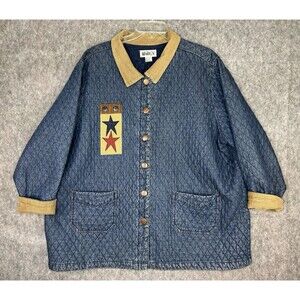 Vtg Haik’s Denim Quilted Barn Chore Jacket Stars US Flag Applique Country 3X